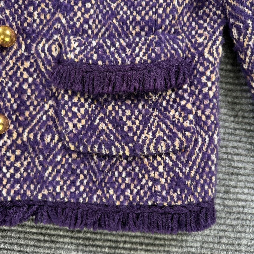 J.Crew Purple‎ Diamond Tweed Jacket Womens 6 Gold Button Fringe Trim Wool Blend - Picture 6 of 13